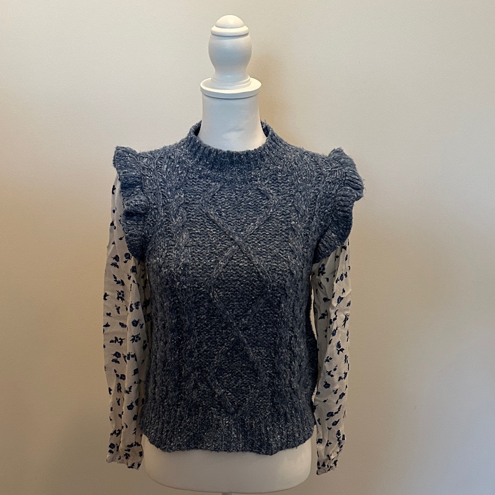Anthropologie Heathered Blue Chunky Cable Knit Sweater with Floral Print Sleeves
